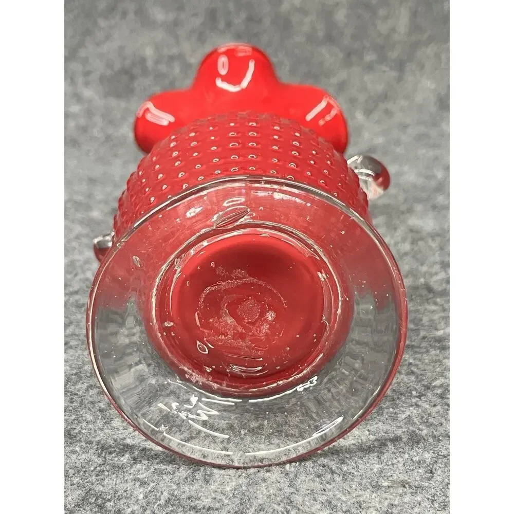 Vintage MCM Red Cased Glass Hobnail Vase Ruffled Rim White Interior 2 Handles 6”